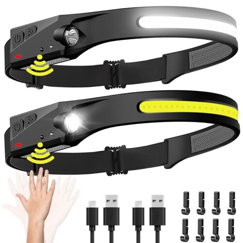Kit com 2 Lanternas de Cabeça Recarregáveis, com Feixe Amplo de 230 em LED e Sensor de Movimento - Acessórios para Camping, Caminhadas, Corridas e