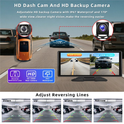 DVR per Auto con Schermo Touch da 10,26", Compatibile con CarPlay Wireless e per Android Auto, con Doppia Lente e Doppia Telecamera da Cruscotto. 1