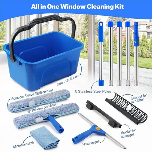 Window Cleaning Kit with Bucket Long Handle Window Squeegee and Microfiber Scrubber,High Window Washing Equipment 2