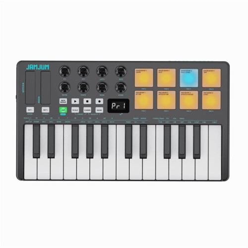 JAMJUM MIDI Control Keyboard with Drum Pad/Knob, Wireless MIDI Controller with 25 Velocity Sensitive Keys 8 RGB Backlit