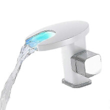 Magnetic Drive Waterfall Spout Sink Tap with Color & Temperature Change for Bathroom, 4 Colors Hydropower Basin Faucet in White