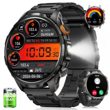 Smartwatch voor heren, 1000mAh, LED-verlichting, 1,91 inch AMOLED HD-scherm, 113 sportmodi, slaapfunctie, hartslagmeter en stappenteller, zw