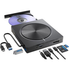 Unidade externa de CD/DVD, gravador de DVD USB 3.0 e USB-C com 2 portas USB-A, 2 portas USB-C e slot para cartão SD/TF, unidade óptica portá