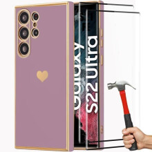 Schokbestendig hoesje voor Samsung Galaxy S22 Ultra met hartjespatroon, paars, inclusief 2 glazen schermbeschermers.