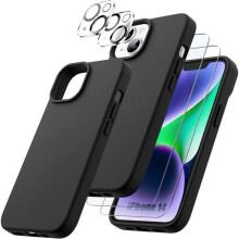 iPhone 14 beschermhoes van siliconen, zwart, slank, inclusief 2 schermbeschermers en 2 cameralensbeschermers.