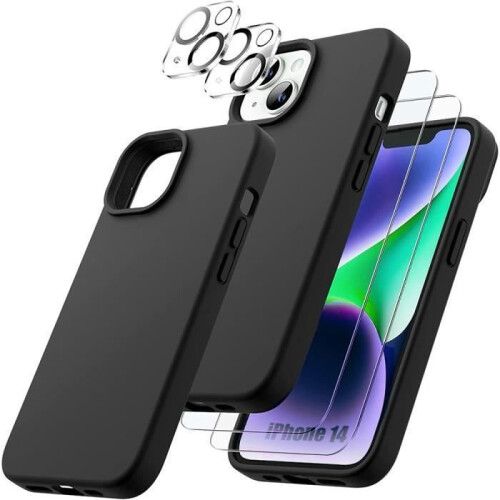 iPhone 14 Protective Case Silicone Black Slim with 2 Screen Protectors and 2 Camera Lens Protectors