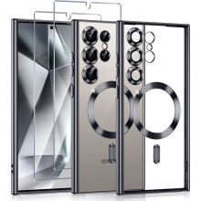 Magnetický krúžkový kryt pre Samsung Galaxy S25 Ultra, čierny, s 2 ochrannými sklíčkami z tvrdeného skla