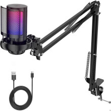 USB Micro Gaming RGB Condensator Microfoon met Popfilter, Mute, Gain Control, Monitoring en Boomarm, Zwart voor PS4, L