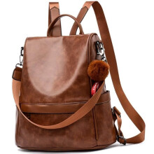 Damen-Diebstahlschutz-Rucksack aus wasserabweisendem PU-Leder, Schulrucksack, braun, mit Gepäckgurt-Design