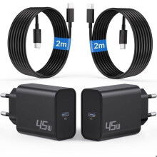 Chargeur rapide USB-C 45 W avec câble USB-C de 2 m (lot de 2), compatible avec Samsung Galaxy S25 Ultra, S24, S23, S22, S21, S20 FE 5G et A5