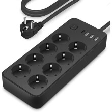 Jatkojohto, jossa 8 pistorasiaa, 2500 W, 1 USB-C- ja 3 USB-A-porttia, 1,8 m kaapeli, kytkimellä koti- ja toimistokäyttöön
