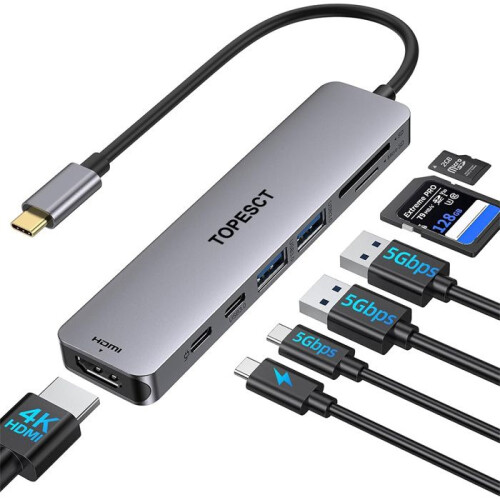 Πολυλειτουργικός αντάπτορας USB C 7 σε 1 με HDMI 4K, τροφοδοσία 100 W, θύρα USB 3.0, 2 θύρες US