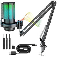 USB-Mikro-Gaming-RGB-Kondensatormikrofon mit Popfilter, Stummschaltung, Verstärkungsregelung, Monitoring-Funktion und RGB-Arm, 24 Bit 192 kH