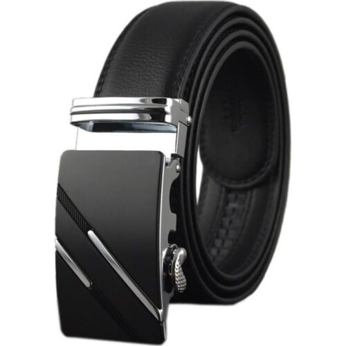 Men’s Black Cowhide Leather Belt with Automatic Buckle, Elegant Chic Style, Durable and Adjustable