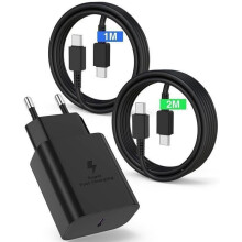 Cargador USB-C para teléfono de 45 W PD 3.0 con cables de 1 m y 2 m, adaptador de carga rápida negro