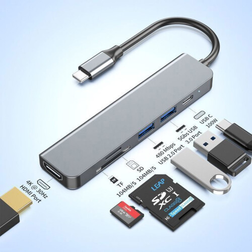 Διανομέας USB C 6 σε 1 με θύρα HDMI 4K, 2 θύρες USB, PD 100W, αναγνώστη κάρτας SD και TF, πολυθύρ