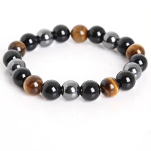 Armband met kralen van tijgeroog, hematiet en zwarte obsidiaan (10 mm), gemaakt van natuursteen, geschikt voor mannen en vrouwen.