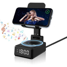 Altavoz Bluetooth 5 en 1, cargador inalámbrico, despertador, soporte para tablet, regalo para el hogar y la oficina.