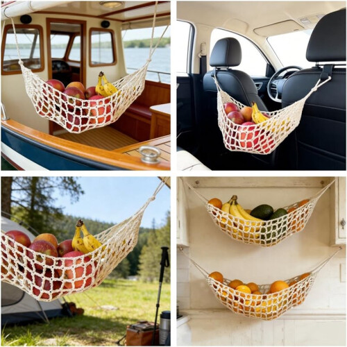 2-Pack Hanging Fruit Hammock with Hooks - Macrame Under Cabinet Veggie Banana Basket, Hand-Woven Boho Fruit Holder 1