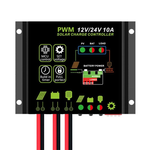 Controlador de Carga Solar Impermeable 10A, Controlador de Panel Solar 12V/24V PWM 1