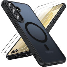 Iskunkestävä mattamusta suojakotelo kahdella karkaistulla lasisella näytönsuojalla Samsung Galaxy S24:lle