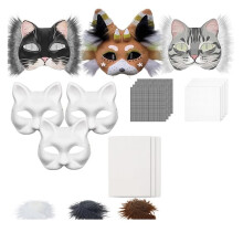 DIY-Katzenmasken-Set mit Fell, Augennetz und Filzplatte, Selbstbemalbare Katzenmaske, Weiße Maske für Cosplay und Weihnachten