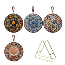 Lot de 4 Dessous de Plat Isothermes Vintage en Céramique avec Base en Liège, Style Chinois, avec Cordelette de Suspension