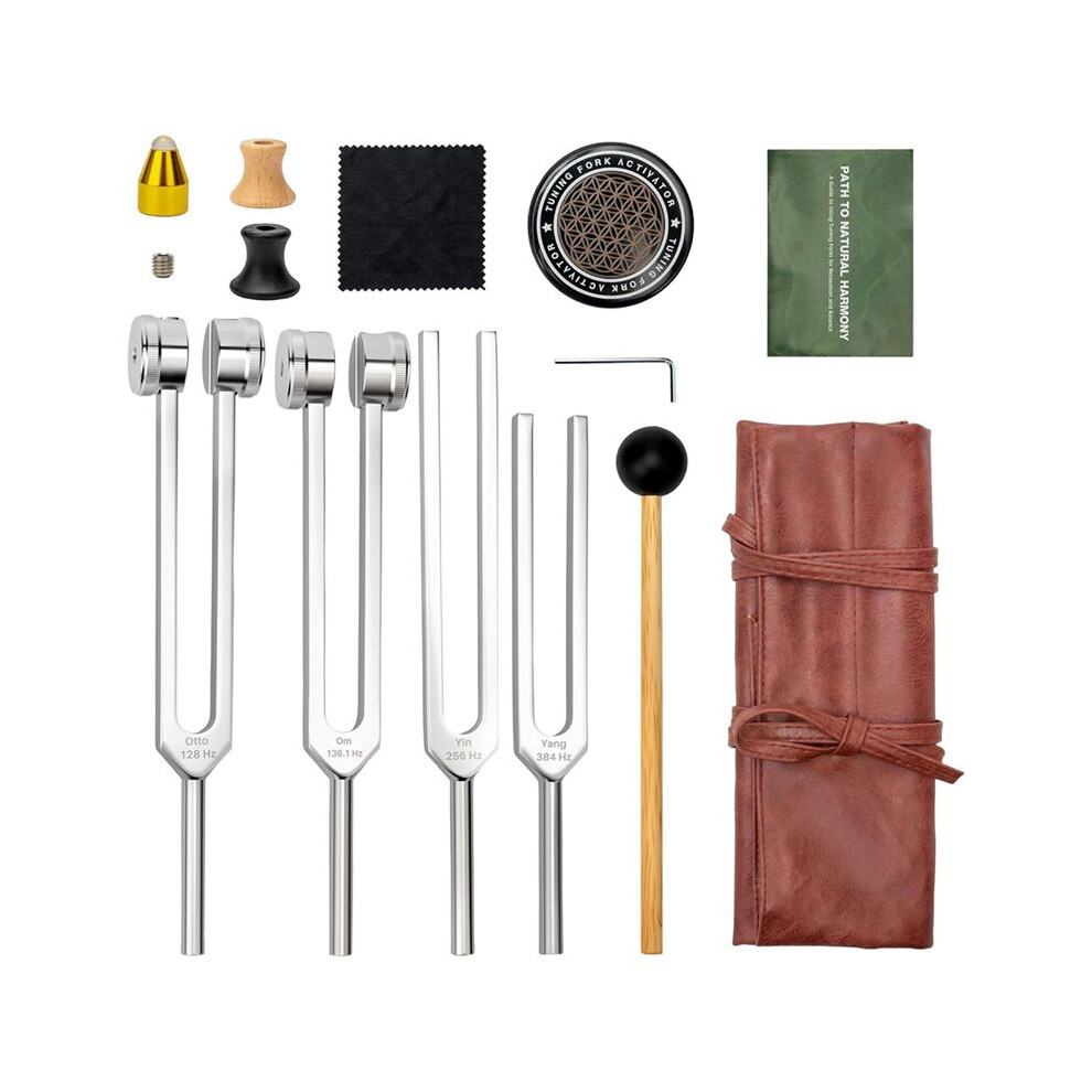 Chakra Tuning Fork Set for Healing (128Hz, 136.1Hz, 256Hz, 384Hz), Solfeggios Tuning Forks with Leather Storage for Yoga