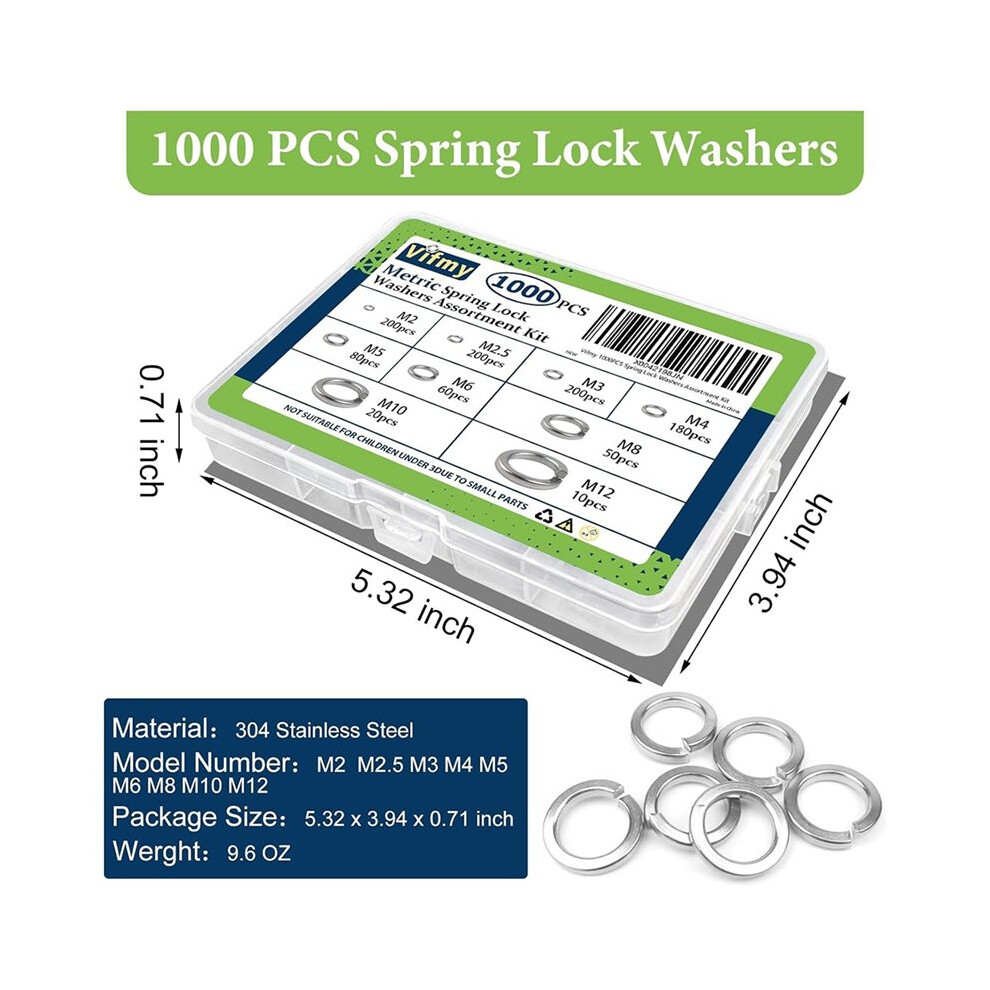 Spring Lock Washers Assortment Kit(1000 Pack), M2 M2.5 M3 M4 M5 M6 M8 M10 M12 Metric Split Lock Washer Set, Lock Washers 6034002941768