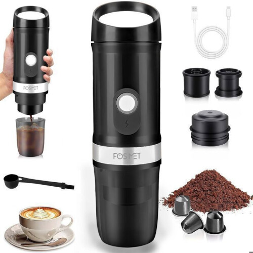 Macchina da caffè portatile 12V 100ml per capsule e caffè macinato, nera, compatta, ideale per i viaggi.