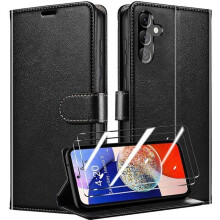 Nárazuvzdorné puzdro s koženým efektom pre Samsung A14 4G 5G, čierne s 2 ochrannými sklíčkami z tvrdeného skla