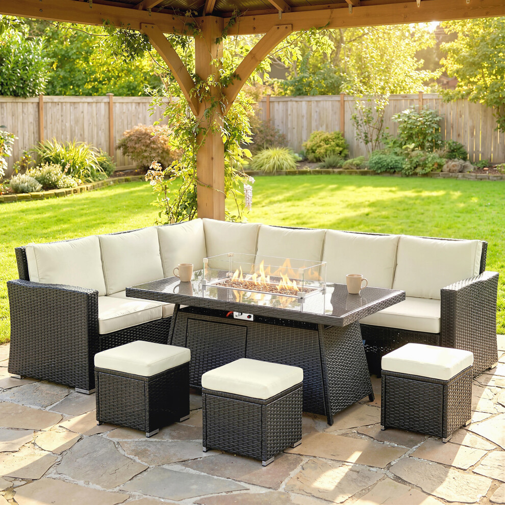 Outsunny 7 Pieces Rattan Garden Furniture Set W/ 50,000 Btu Fire Pit Table