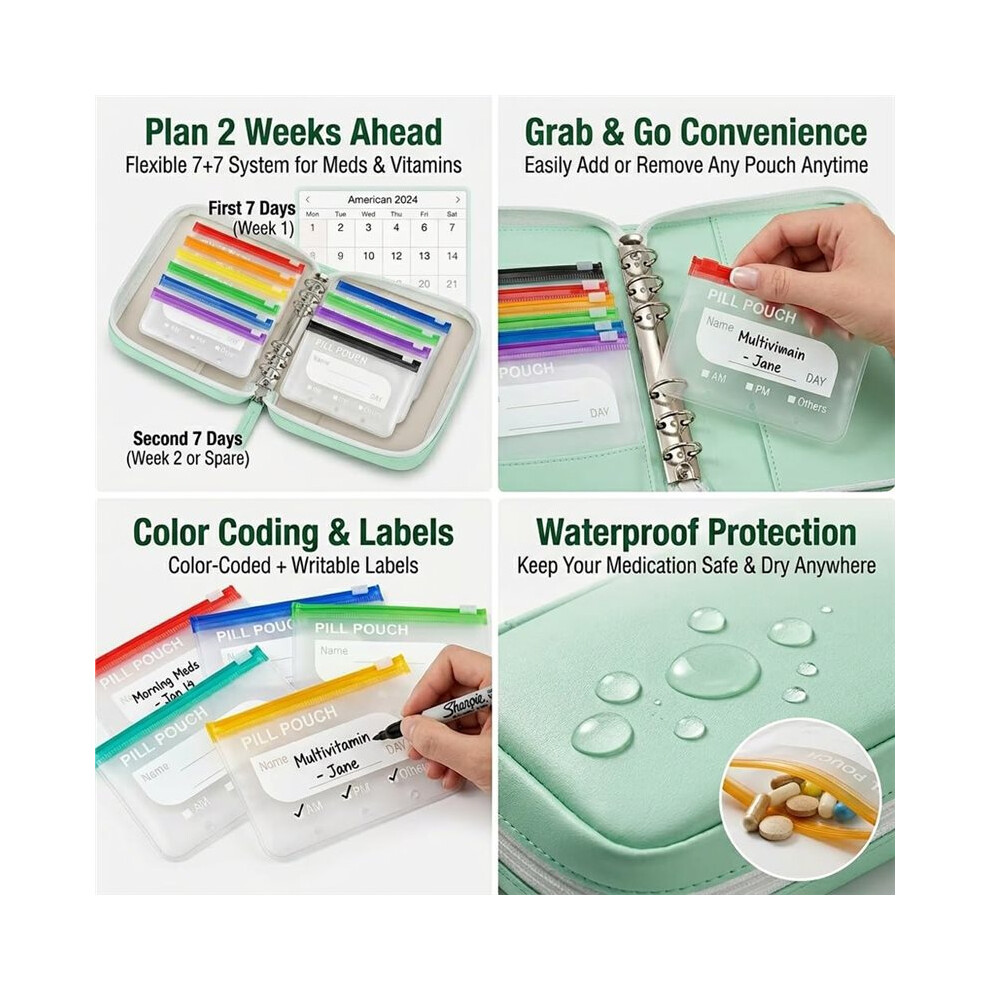 14-Day Waterproof Pill Pouch Set - Zipper Case with Daily Organizer for Medication