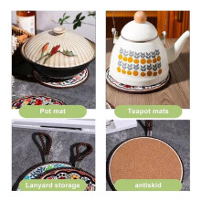 4pcs Vintage Ceramic Heat Insulating Mat with Cork Base Coasters New Chinese Style Dinner Mat with Hanging Rope