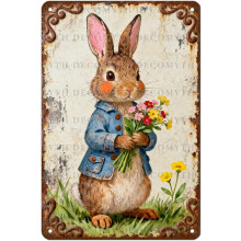 (Easter17, 20X30cm(12*8in)) Osterhase Blechschild, Vintage Hase mit Blume Ei Frühling Wandkunst, 20x30cm