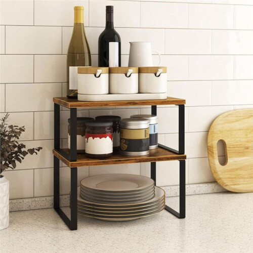 2 Pack Cabinet Shelf Organizers , Kitchen Counter Rack Shelves Riser, Stackable Expandable Spice Rack Brown 2