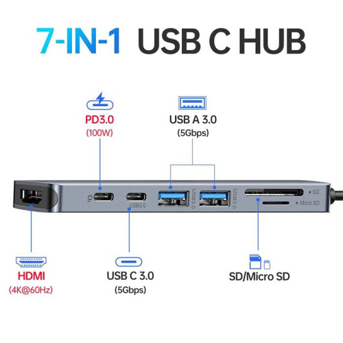 Πολυλειτουργικός αντάπτορας USB C 7 σε 1 με HDMI 4K, τροφοδοσία 100 W, θύρα USB 3.0, 2 θύρες US 1