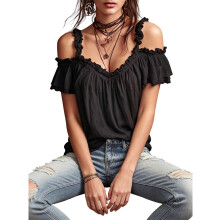 Women Cold Shoulder Ruffle Trim Top V Neck Short Sleeve Casual Blouse Black XL