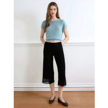 Women'S Lace Trim High Waist Casual Cropped Wide Leg Pants Black XL