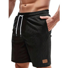 Men'S Corduroy Elastic Waist Drawstring Casual Summer Workout Beach Shorts Black M