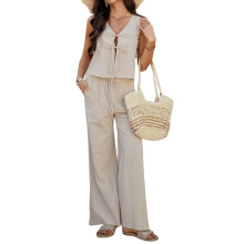 Women'S Cotton 2 Piece Outfits Set Sleeveless Tie Top and Wide Leg Pants Set Pockets Deep Apricot L
