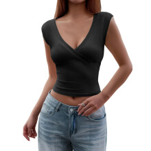 Women'S Y2K V-Neck Wrap Front Cap Sleeve Fitted Cropped Tank Tops Black XL