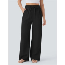 Women'S High Waist Drawstring Wide Leg Linen Blend Casual Pants with Pockets Black S