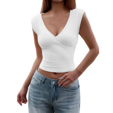 Women'S Y2K V-Neck Wrap Front Cap Sleeve Fitted Cropped Tank Tops White XL