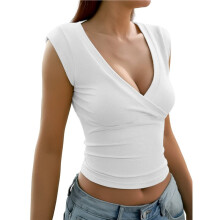 Women'S Y2K V-Neck Wrap Front Cap Sleeve Fitted Cropped Tank Tops White S