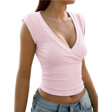Women'S Y2K V-Neck Wrap Front Cap Sleeve Fitted Cropped Tank Tops S