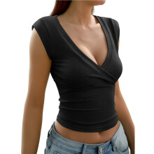 Women'S Y2K V-Neck Wrap Front Cap Sleeve Fitted Cropped Tank Tops Black S