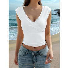 Women'S Y2K V-Neck Wrap Front Cap Sleeve Fitted Cropped Tank Tops White M