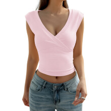 Women'S Y2K V-Neck Wrap Front Cap Sleeve Fitted Cropped Tank Tops L