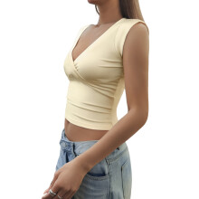 Women'S Y2K V-Neck Wrap Front Cap Sleeve Fitted Cropped Tank Tops Yellow XL